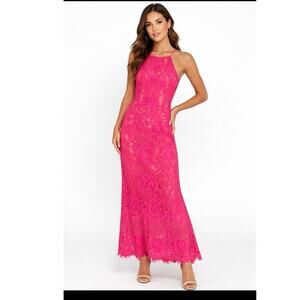 Pink Lace Halter Maxi Dress Women Floral Lace Sleeveless Evening Party Dress